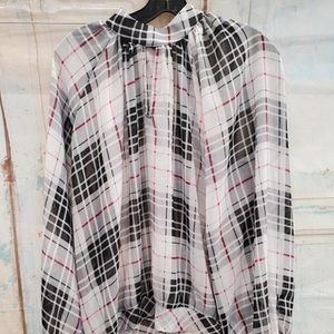 New York & Company Women's Multicolor Plaid Key Hole Neck Blouse Top Size Large